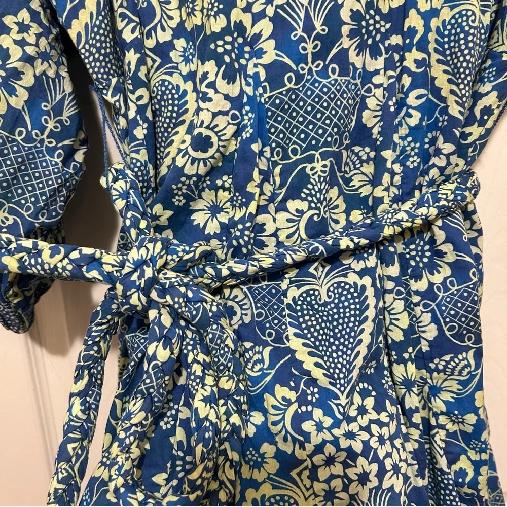 RHODE Floral Print Dress Blue Cream Feminine Ruffle Cotton Beach Vacation Sz Med